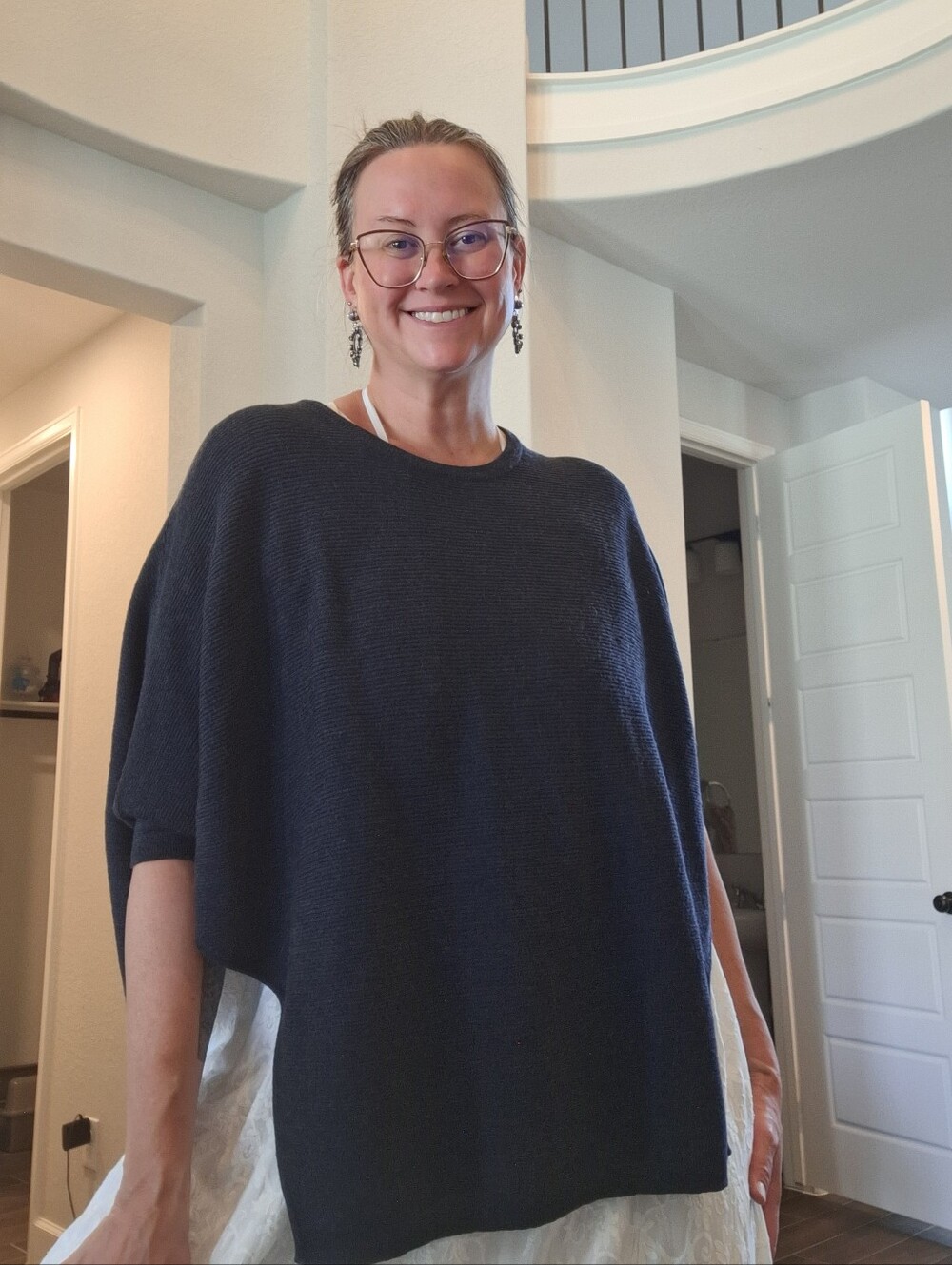 Carbon2Cobalt Merino Wool Sweater Knit Poncho Charcoal Gray Black Medium Boho